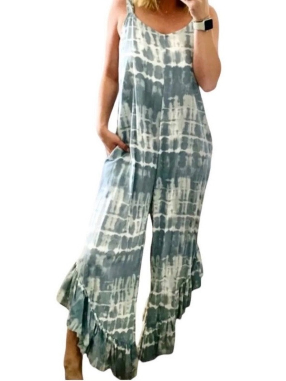 Japna tie-dye ruffle bottom culotte jumpsuit. Size M